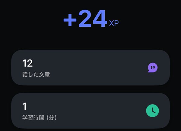 スピークの結果画面(話した文章12・学習時間1分)